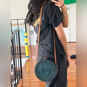 NWOT Dark Green Handwoven Basket Bag with Leather Strap